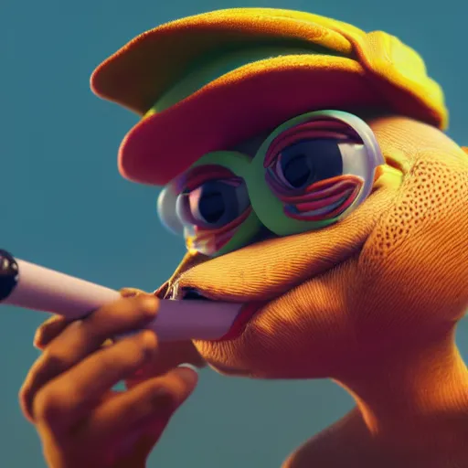 Image similar to a 3 d render of a pepe dressed in hippie clothes and smoking a blunt, digital art, octane render, cinematic lightning, 8 k, trending artstation