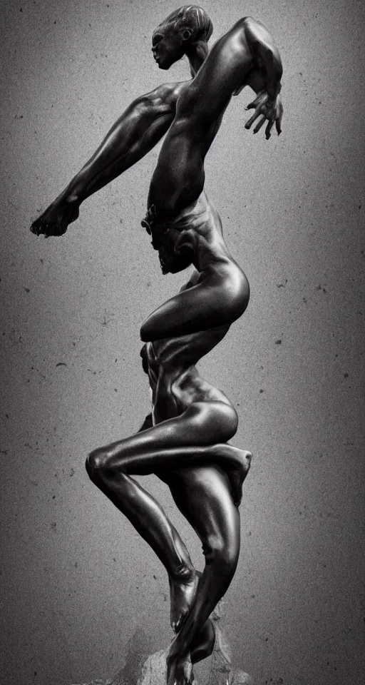 Image similar to realistic digital painting of a stunning intricate cracked black marble falling african american angel body sculpture, white tone background, trending on artstation, hyperrealism, matte painting, subsurface scattering