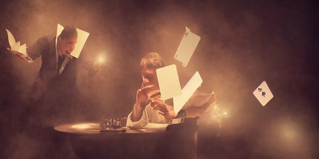 Image similar to magician doing a card trick, cardistry, cards, fantasy, digital art, soft lighting, 8 k