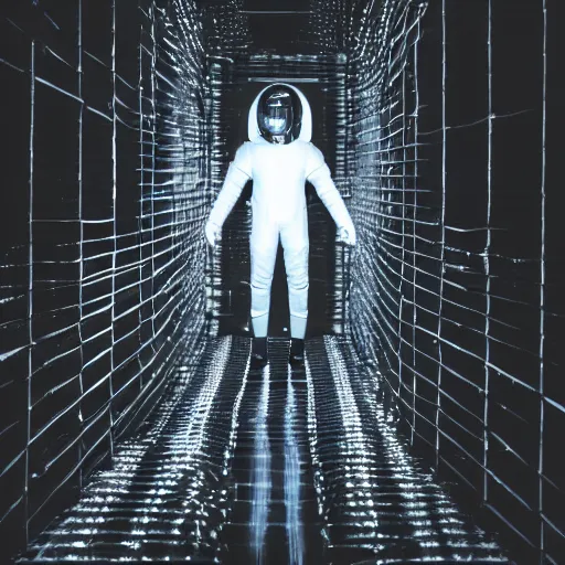 Prompt: mysterious man in silver space suit, walking on a small steel catwalk, suspended by nothing, floating in the darkness of space, with a black background, photograph, wide angle, long shot