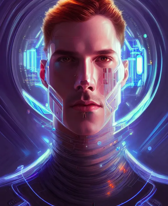 Image similar to a whirlwind inside the metaverse, guy, male, man, hologram, half body, neurochip, android, cyborg, cyberpunk face, by loish, d & d, fantasy, intricate, elegant, highly detailed, colorful, digital painting, artstation, concept art, art by artgerm and greg rutkowski and alphonse mucha