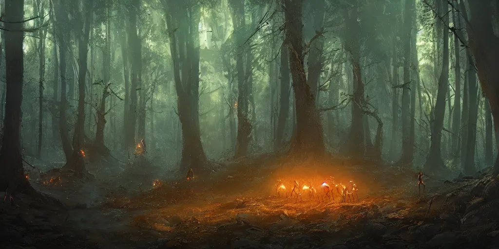 Prompt: fire flies in an ancient dark forest, greg rutkowski, 8 k, shallow depth of field, ultra high detail, concept art,