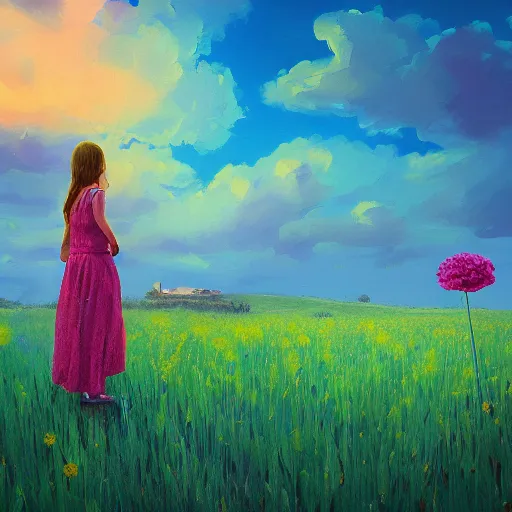 Image similar to girl with a giant carnation head, surreal photography, flower field, sunset dramatic light, impressionist painting, colorful clouds, blue sky, digital painting, artstation, simon stalenhag