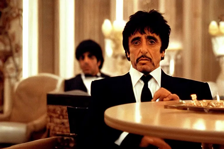 Image similar to tony montana from movie scarface 1 9 8 3 sitting behind a big black oak table with big large packages of flour. long shot. al pacino. perfect symmetric face, coherent eyes, fine details, 4 k, ron cobb, cinestill. last scene from scarface movie