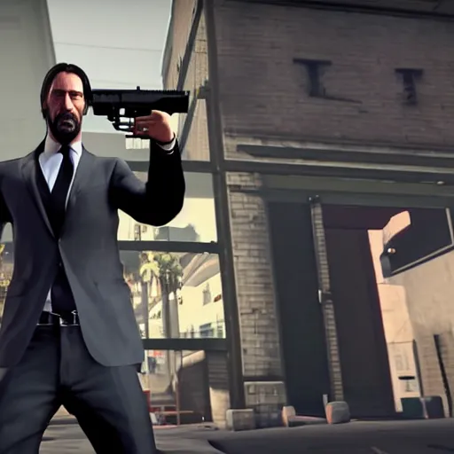 Prompt: john wick pointing a gun at person in GTA V loading screen, HD