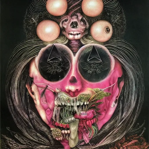 Image similar to post - punk new age album cover, magic, apocalypse, psychedelic, black white pink, magic, giger h. r., giuseppe arcimboldo