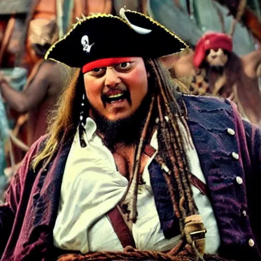 Prompt: captain fat sparrow, movie still from pirates of the carribean
