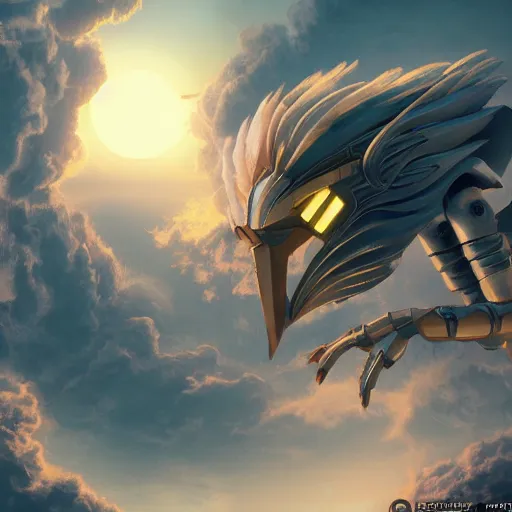 Image similar to the ancient world, hyper complexity, highly detailed, cinematic lighting, pastel colored sunrise, flying robotic racoon with gold metal huge wings on its back in the cloudy sky, sharp outlines, complete whole shrimp body, another sleeping racoon face in the clouds watching each other, hyperrealistic, trending on pixiv fanbox, love death robot,