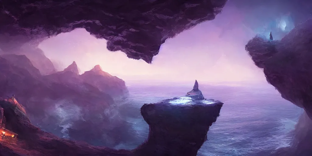 Prompt: a cavern on the edge of a cliff overlooking the ocean at night by Jessica Rossier, purple color scheme, trending on artstation
