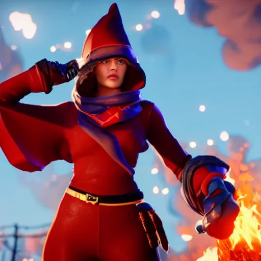 Image similar to a curly haired female pyromancer wearing a red wizard hat as a fortnite character, screenshot from fortnite, 3 d unreal engine render