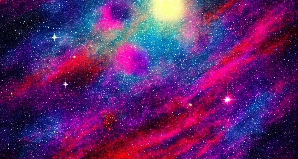 Prompt: galactic landscape surrounded with spiriling sparkling rose crystals and galaxies, fez color pallet, trending on artstation
