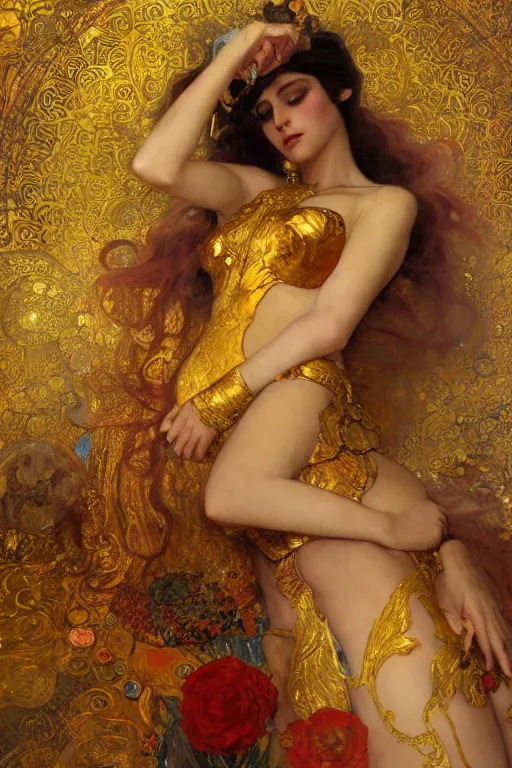 Image similar to an intricate artistic pose painting of a beautiful young goddess with an artistic sensual pose in bed with klimt golden motives and textures, hyper detailed, ornamental gold headpiece, octane render, vivid colors, artstation, by jeremy mann, by alphonse mucha, by boris vallejo