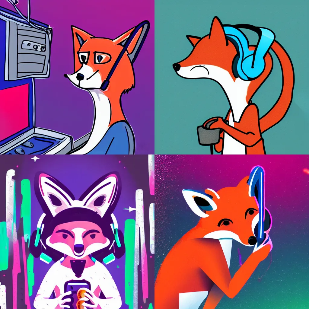 Prompt: a fox wearing headphones jamming out to music at a nightclub, digital art, high quality, 4 k