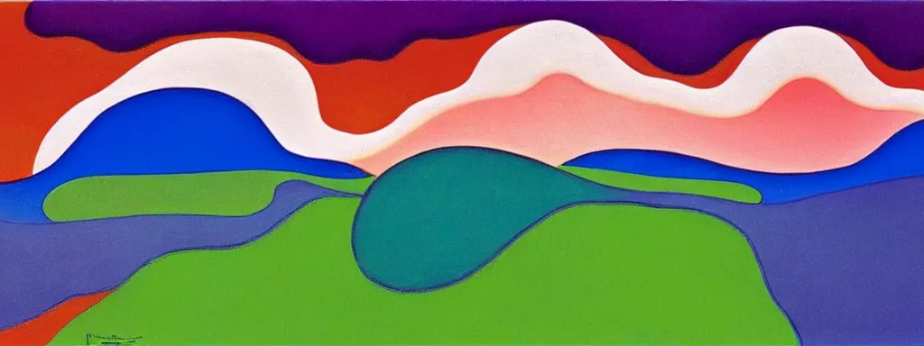 Image similar to Psychedelic sci-fi dreamworld. Landscape painting. Organic. Winding rushing water. Waves. Clouds. Peter Max. Landscape by Milton Avery.