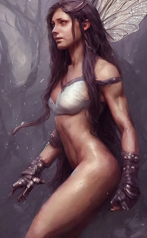 Prompt: Portrait of a fairy, female, muscular, straight nose!!!, detailed face, handsome face, bare thighs!!!, simple clothing!!!!!, fantasy, medieval, highly detailed, cinematic lighting, digital art painting by greg rutkowski