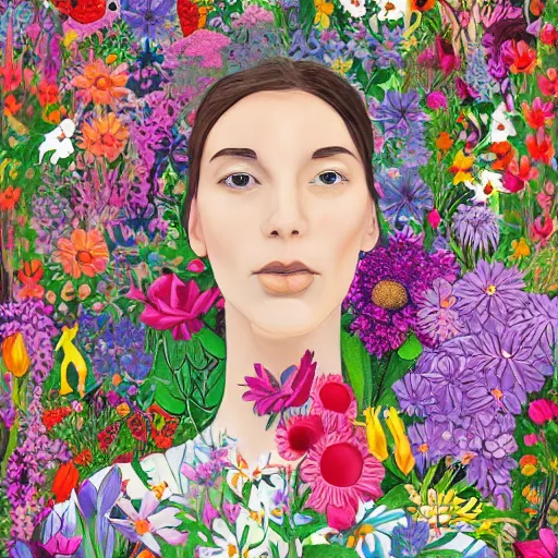 Prompt: a woman standing in a garden of flowers, a jigsaw puzzle by christen dalsgaard, featured on behance, maximalism, rich color palette, maximalist, vivid color