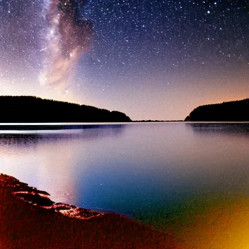 Prompt: ealy 2 0 0 0 s digital photo of a lake at midnight