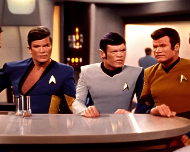 Prompt: tv still, star trek, captain kirk and doctor mccoy drunk, sitting at the bar, 1968, cdx