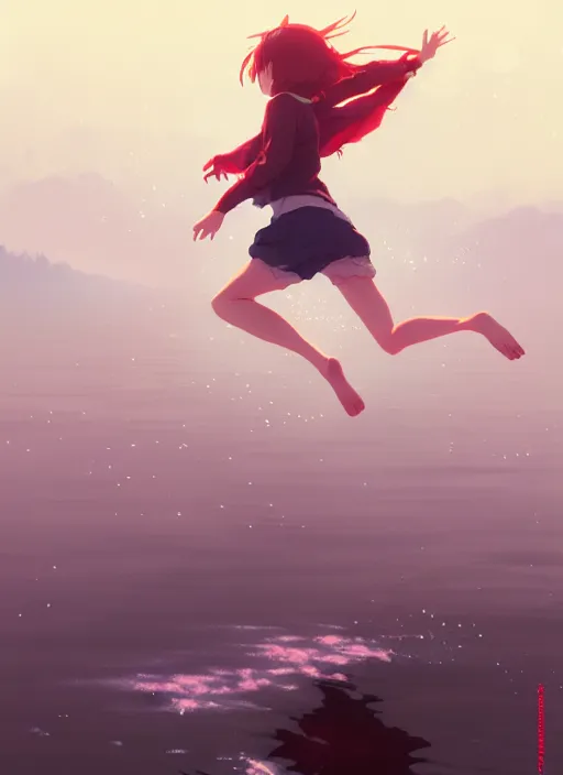 Prompt: girl jumping near a lake, rainy, touching a long neck monster, illustration concept art anime key visual trending pixiv fanbox by wlop and greg rutkowski and makoto shinkai and studio ghibli