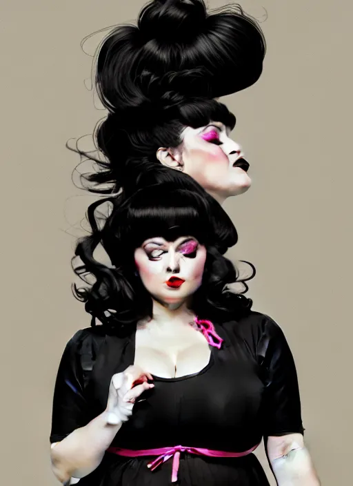 Image similar to portrait of a plump woman with a crooked nose and a confident expression, 1 9 6 0 s, black clothes, goth, punk, brightly coloured hair, funk, intricate, elegant, highly detailed, digital painting, artstation, concept art, smooth, sharp focus, illustration, art by wlop, mars ravelo and greg rutkowski