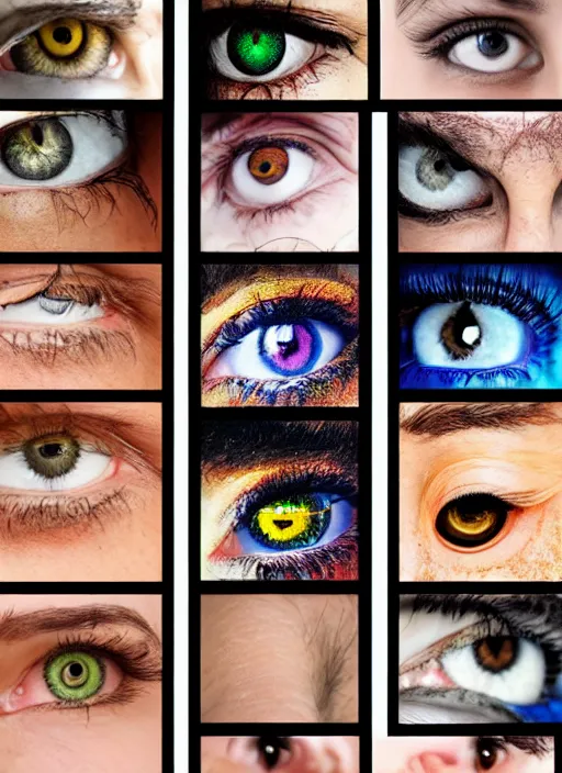 Prompt: grid montage of eyes, detailed colored textures, eyelashes, advanced art, art styles mix, from wikipedia, wet reflections in eyes, sunshine lighting, hd macro photograph, from side, various eyelid positions, black sphere pupil centered