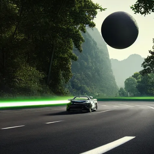 Image similar to a spherical car driving down the road with a tyrannosaurus rex and humans dancing in the background, smoky, green hills, many interstellar plants, futuristic concept design, airy landscape, high detail rendering by octane, unreal engine, 8 k, cinematic grade.