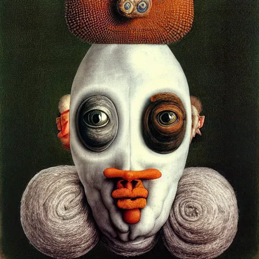 Prompt: portrait photo of a wool sock with giant eyes, face made from unfulfilled dreams, extremely high details, realistic, by Giuseppe Arcimboldo, Rene Margitte, MC Escher