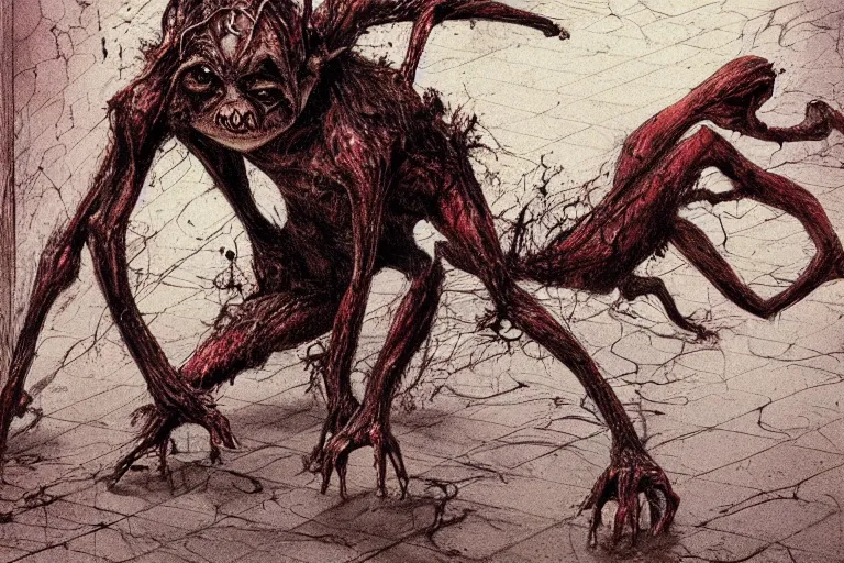 Image similar to An Asmongold Gollum hybrid crawling across an unclean floor towards a box of Dr. Pepper. by Stephen Gammell. colorized.