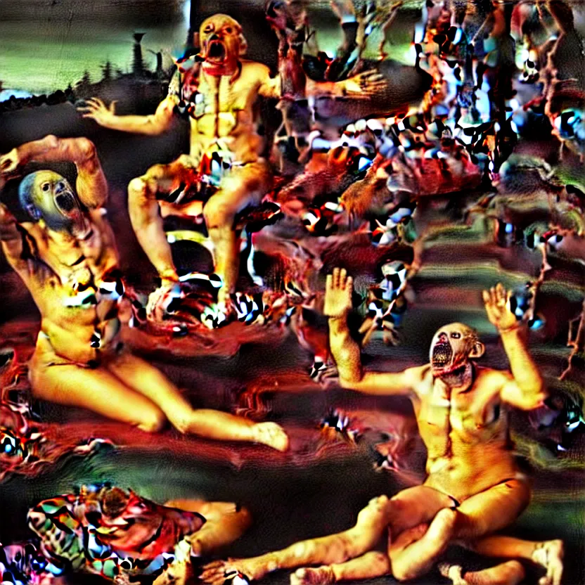 Image similar to a sacred painting of a beautiful flesh - eating timikawa with rainbow fur eating a screaming man, sitting on chair made of human limbs, the chair is floating in a lake of blood, surrounding the lake are melting trees, nightmare scene, supernatural, highly detailed, creepy, terrifying, famous painting by raphael and salvador dali