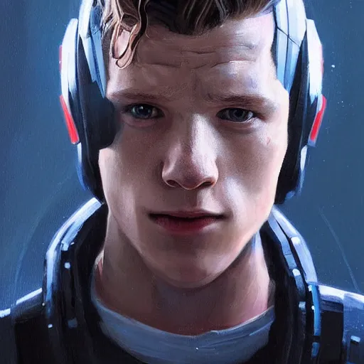 Image similar to portrait of tom holland as a man by greg rutkowski, he is about 3 0 years old, short blond hair, athletic and strong, straight jaw, looking puzzled, wearing futuristic space gear, highly detailed portrait, digital painting, artstation, concept art, smooth, sharp foccus ilustration, artstation hq.