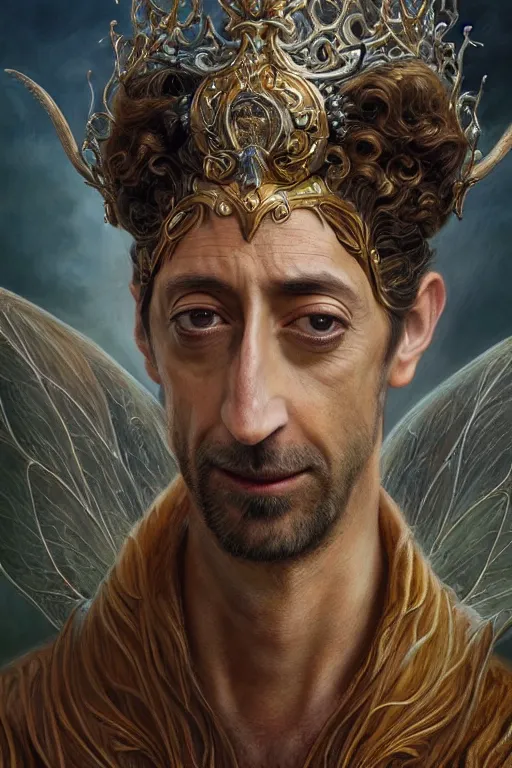 Prompt: closeup portrait shot of adrien brody as king oberon, fairy wings, lord of beasts, highly detailed, digital painting, artstation, concept art, soft focus, depth of field, artgerm, tomasz alen kopera, peter mohrbacher, donato giancola, wlop, boris vallejo