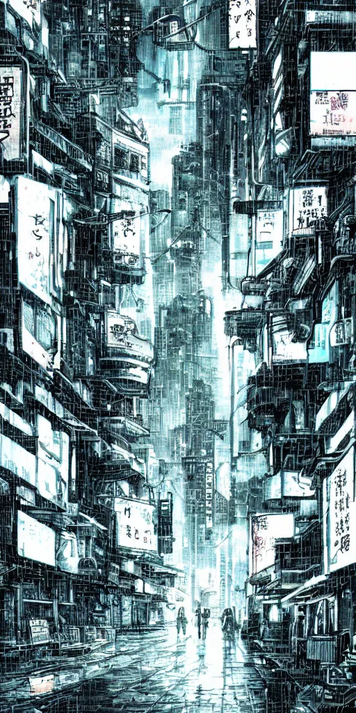 Prompt: manga illustration of poor cyberpunk city, rainy weather, highly detailed,