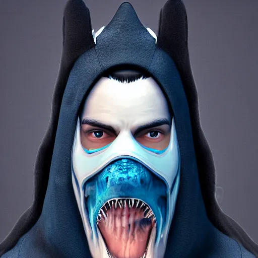 Image similar to a highly detailed, portrait of a man with black hair with a black medical mask, in a hood in the form of a blue shark with white teeth, artstation, DeviantArt, professional, octane render, digital art