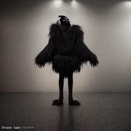 Image similar to Crow Fur-suit at furry convention, photo, center composition, Estrel Hotel, hyperrealistic, beautiful detailed intricate insanely detailed octane render trending on Artstation, trending on DeviantArt, 8K artistic photography, photorealistic, dramatic volumetric cinematic perfect light, award-winning photograph, masterpiece,