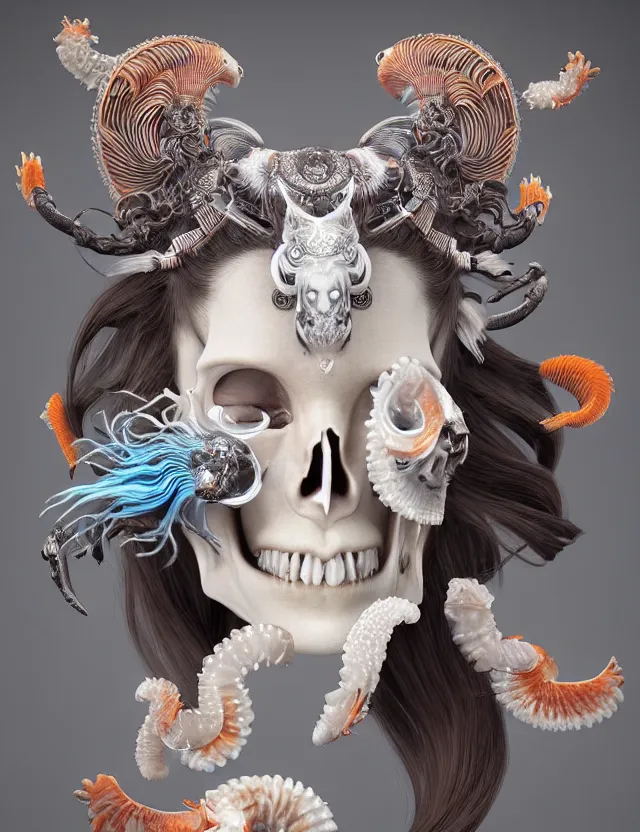 Image similar to 3 d goddess ram skull half - turn portrait with long hair with ram skull. beautiful intricately detailed japanese crow kitsune mask and clasical japanese kimono. betta fish, jellyfish phoenix, bio luminescent, plasma, ice, water, wind, creature, artwork by tooth wu and wlop and beeple and greg rutkowski