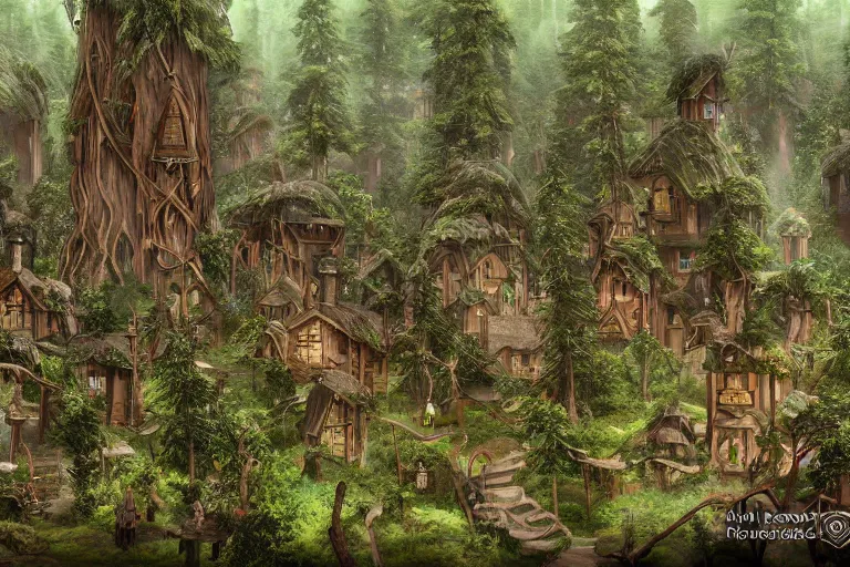 Image similar to a wood elf village suspended high in the redwood tree canopy, fantasy setting, dense vegetation, very detailed, d & d concept art, 4 k