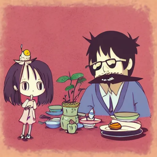 Image similar to tiny imaginary creatures having a tea party inside a human's beard. anime. in a style of hayao miyazaki.