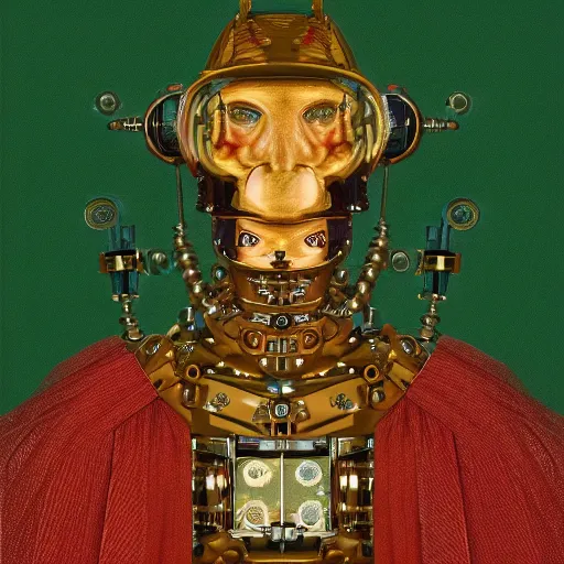 Image similar to a portrait of a shiny metallic renaissance steampunk robot, in the style of Jan van Eyck,