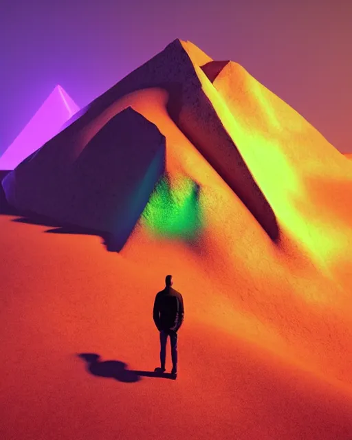 Image similar to a man standing in the middle of a mountain with a glowy neon triangle, a render by filip hodas, behance contest winner, environmental art, rendered in cinema 4 d, volumetric lighting