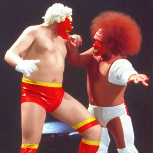 Prompt: A 1990s still of Ronald McDonald and Colonel Sanders wrestling in WWE