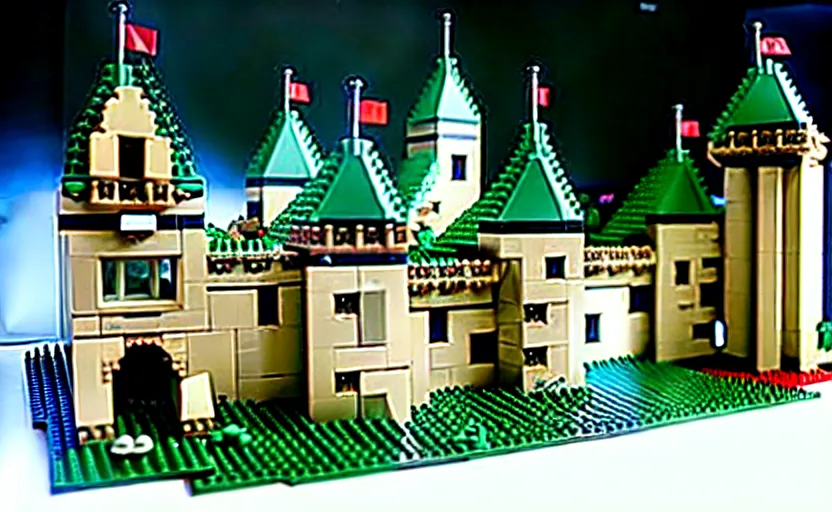 Image similar to a realistic detailed accurate Lego set of a medieval French castle on a green hill