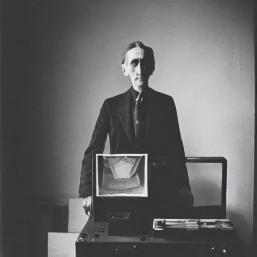 Image similar to underexposed photo of Marcel Duchamp in a room full with an ancient machine, tri-x, Irving Penn, Jeff Wall, archival pigment print, contemporary art