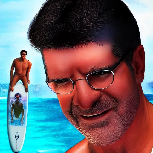 Image similar to photorealistic simon cowell surfing. hyperdetailed photorealism, 1 0 8 megapixels, amazing depth, high resolution, 3 d shading, 3 d finalrender, 3 d cinematic lighting, glowing rich colors, psychedelic overtones, artstation concept art.