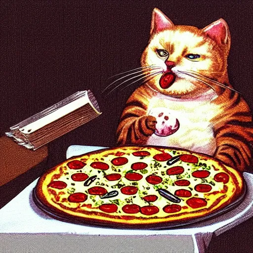Prompt: cat eating pizza, vintage illustration