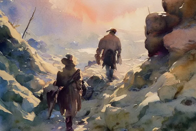 Prompt: small centered on watercolor paper, paint brush strokes, abstract watercolor painting of first humans in america, cinematic light, national romanticism by hans dahl, by jesper ejsing, by anders zorn, by greg rutkowski, by greg manchess, by tyler edlin