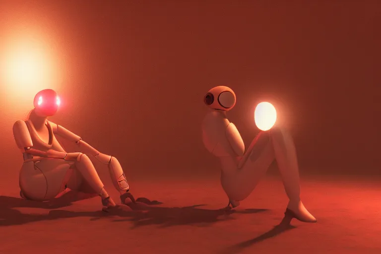 Image similar to a beautiful girl robot sitting on mars relaxing, red lighting, mist, blender render,