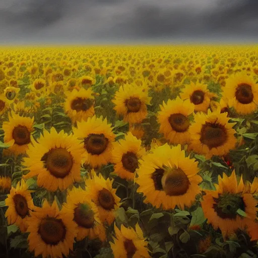 Prompt: a stunning and moody painting of many dead uniformed russian soldiers lying in blood in a field of sunflowers as painted by otto dix, artstation, concept art, impressionism, hyperdetailed