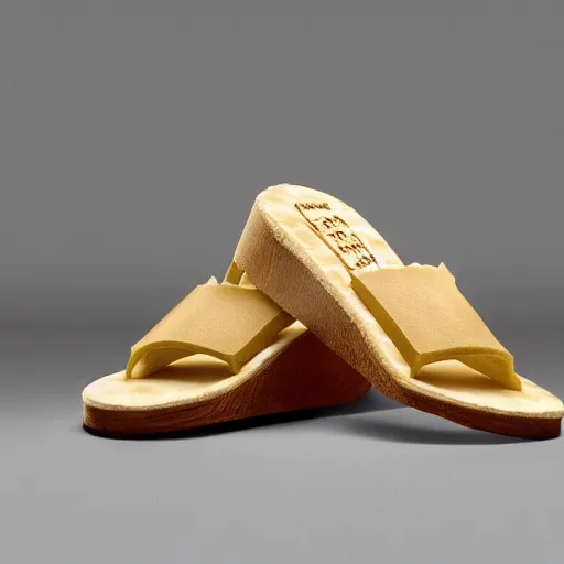 Prompt: high quality photo of sandals made of swiss cheese, realism, 8k, award winning photo