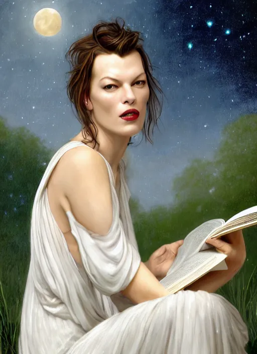 Image similar to milla jovovich in white nightgown reading a book by a river, full moon in a dark starry sky, golden orbs and fireflies, illustration, dramatic lighting, soft details, painting oil on canvas, art nouveau, octane render, 8 k, by edmund blair leighton, brom, charlie bowater, trending on artstation, faces by tom bagshaw, sargent