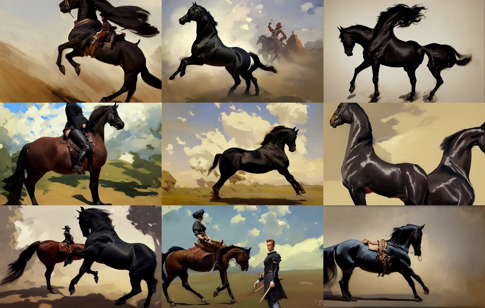 Image similar to cloth fabric black horse stallion jodhpurs side view greg manchess painting by sargent and leyendecker, studio ghibli, fantasy, medium shot, asymmetrical, intricate, elegant, matte painting, illustration, hearthstone, by greg rutkowski, by greg tocchini, by james gilleard, by joe fenton